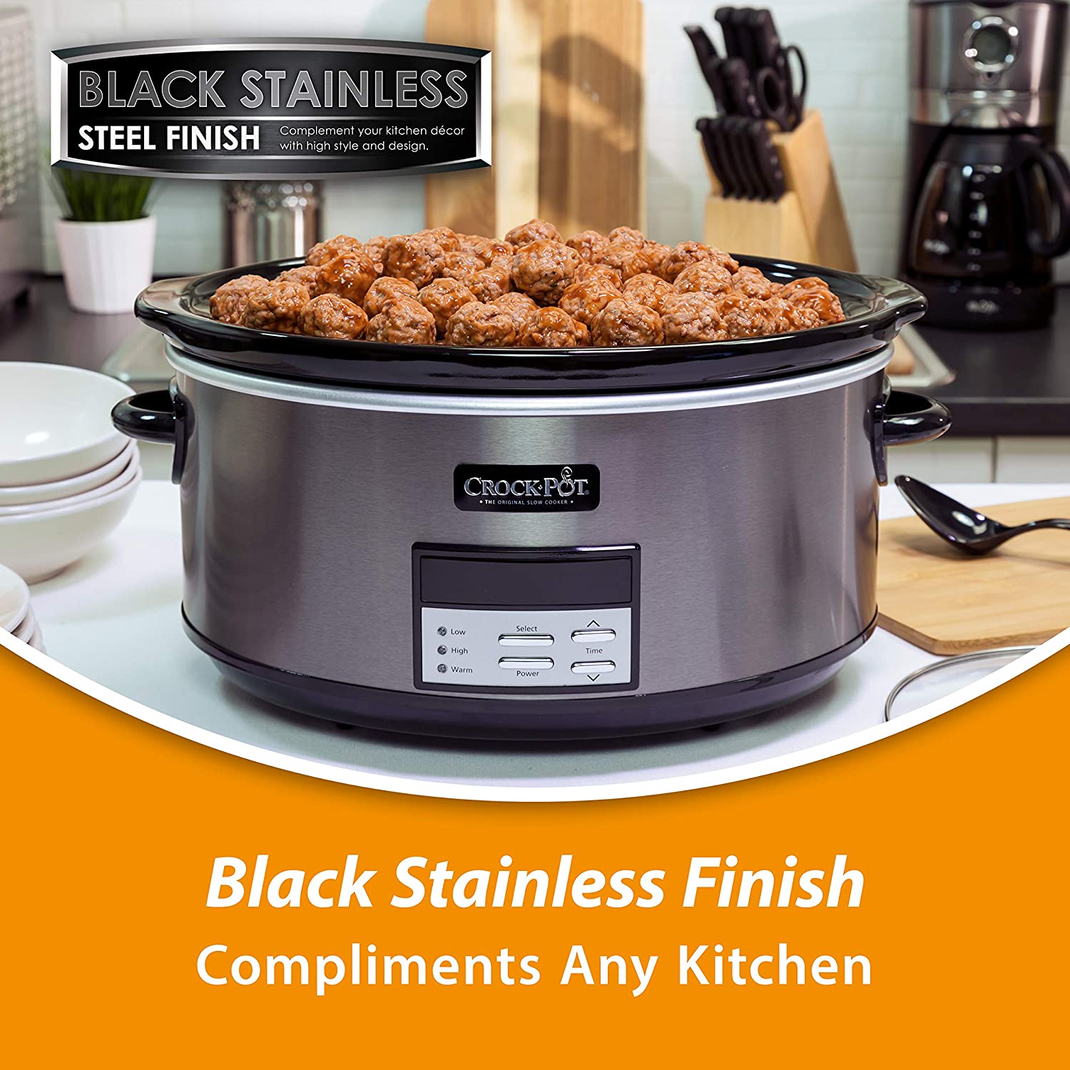Crock-Pot 8 Quart Slow Cooker with Auto Warm Setting and Cookbook, Black  Stainless Steel