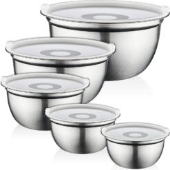 FineDine Mixing Bowls with Lids - 5 Deep Nesting Mixing Bowls for Kitchen Storage - Silver Stainless Steel Mixing Bowl Set - Large Mixing Bowl for Cooking Food, Baking, Breading, Salad or Meal Prep