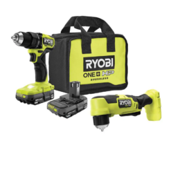 RYOBI PSBDD01K-PSBRA02B ONE+ HP 18V Brushless Cordless Compact 1/2 in. Drill/Driver, 3/8 in. Right Angle Drill, (2) Batteries, Charger, and Bag