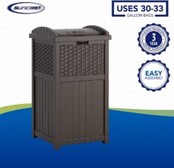 Suncast 33 Gallon Hideaway Can Resin Outdoor Trash with Lid Use in Backyard, Deck, or Patio, 33-Gallon, Brown