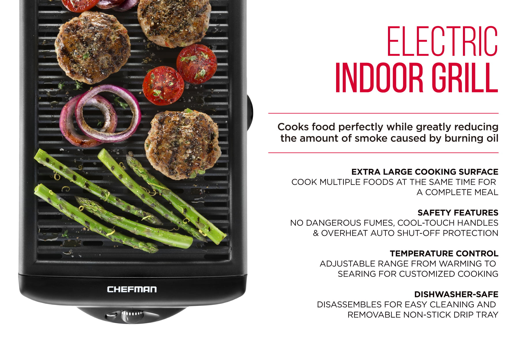 Chefman Electric Smokeless Indoor Grill with Non-Stick Coating &  Temperature Control, Black