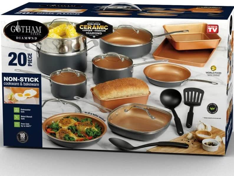  Gotham Steel 20 Pc Pots and Pans Set, Bakeware Set, Ceramic Cookware  Set for Kitchen, Long Lasting Non Stick Pots and Pans Set with Lids  Dishwasher / Oven Safe, Non Toxic-Copper