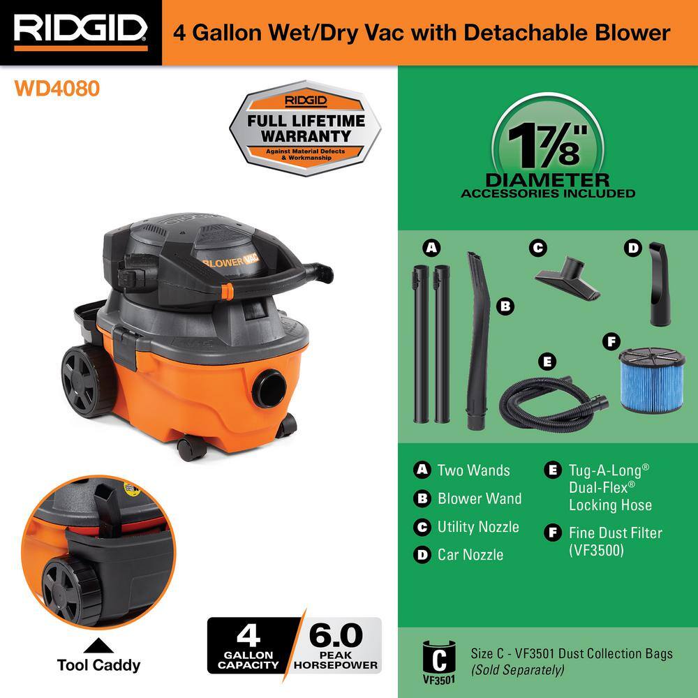 RIDGID 4 Gal. 6.0 Peak HP Wet/Dry Shop Vacuum with Detachable Blower, Fine  Dust Filter, Hose, Accessories and Car Cleaning Kit, Oranges/Peaches -  Yahoo Shopping