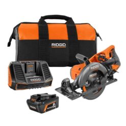 RIDGID R8658K 18V Brushless Cordless 7-1/4 in. Rear Handle Circular Saw Kit with 8.0 Ah MAX Output Battery, 18V Charger and Bag