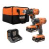 RIDGID R9272 18V Cordless 2-Tool Combo Kit with 1/2 in. Drill/Driver, 1/4 in. Impact Driver, (2) 2.0 Ah Batteries, Charger, and Bag