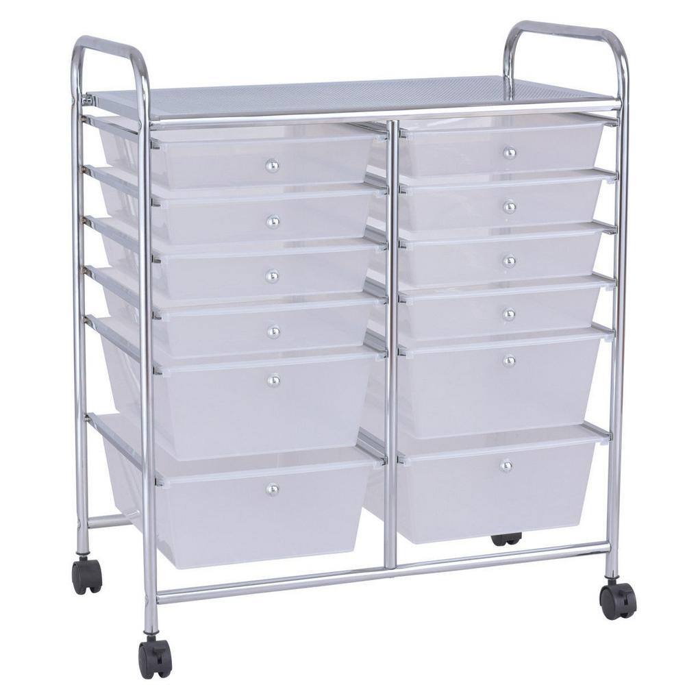 Boyel Living HYSN-56500CL 12 Plastic Drawers Rolling Cart Storage Organizer Bins with Four Wheels in White