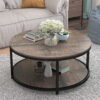 S.Fyronti Modern Round Coffee Tables for Living Room, Wooden Top and Metal Shelf, Grey/Brown/Black