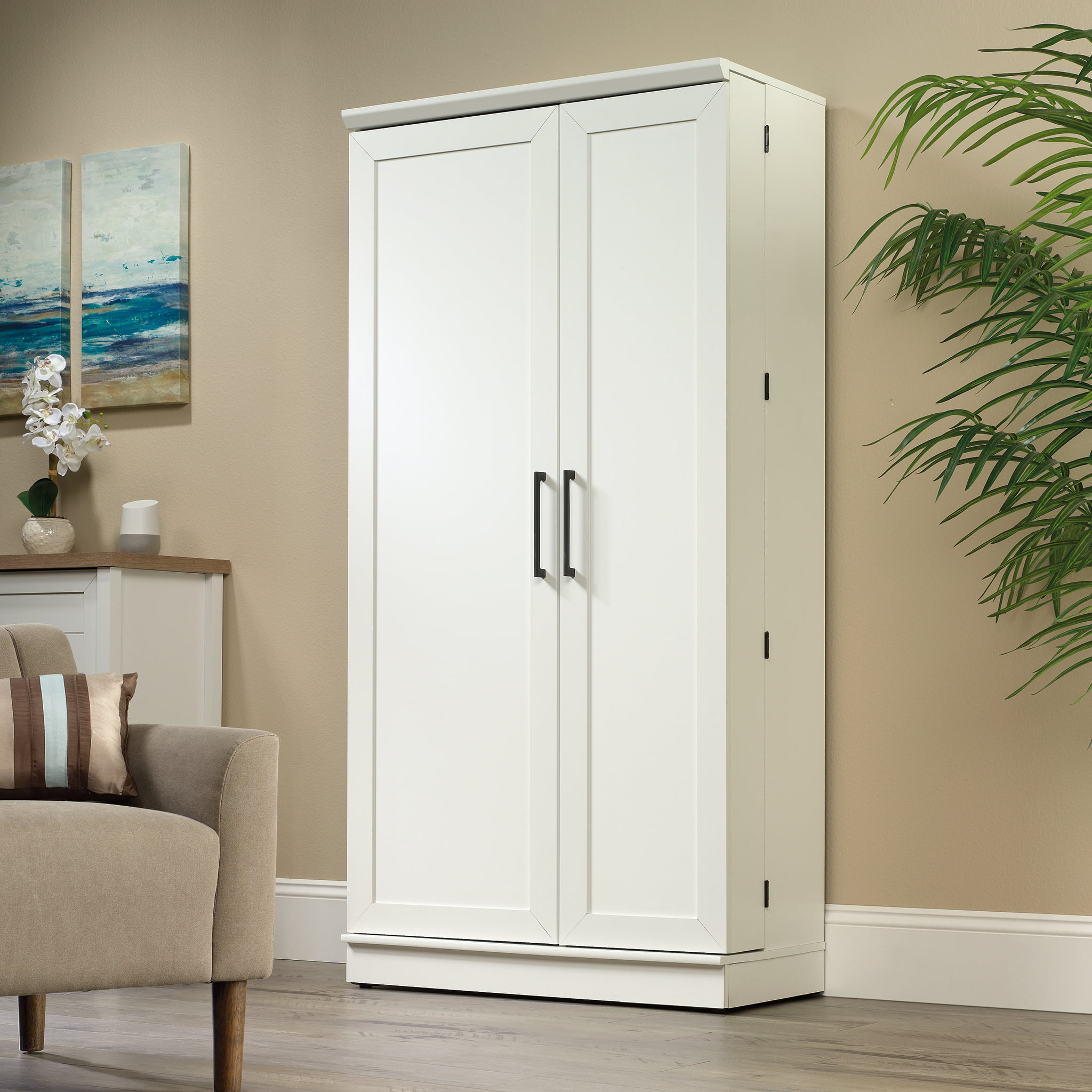 Sauder HomePlus 71 Tall 2-Door Multiple Shelf Wood Storage Cabinet, Soft  White Finish