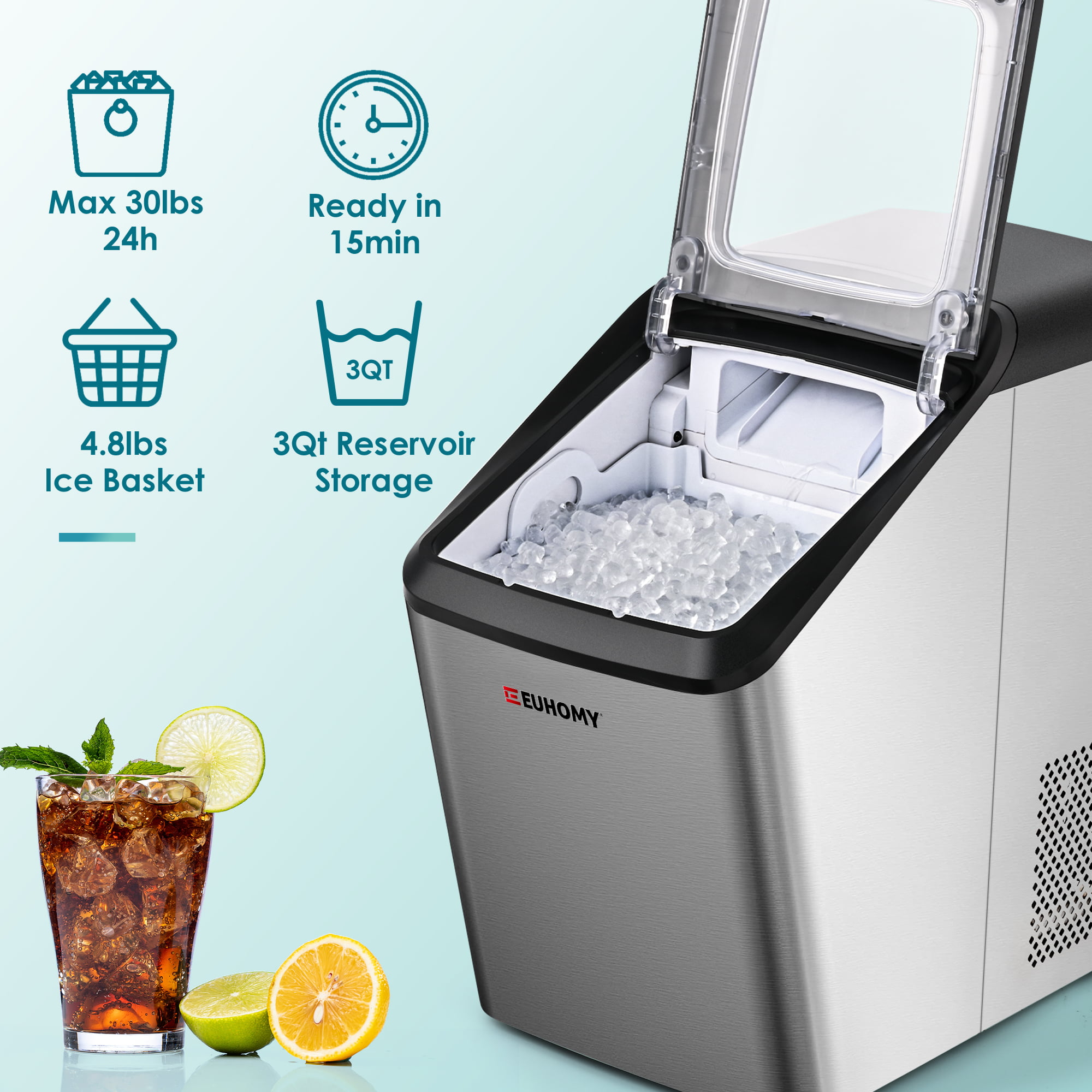 Euhomy 30lbs/24H Countertop Nugget Ice Maker, Soft Nugget Ice,  Self-Cleaning & 2 Way Water Refill Pebble Ice Maker (Silver)