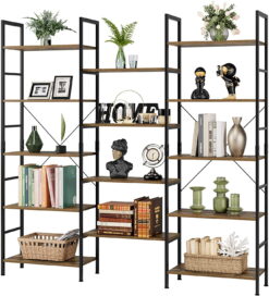 Homfa Triple Wide 5-Tier Display Bookcase, Large Industrial Wood Storage  Shelf with Metal Frame for Living Room, Brown Finish 