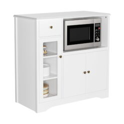 Homfa Microwave Cabinet with Hutch, Kitchen Pantry Cabinet Sideboard with Adjustable Shelves and Drawer for Dining Room, White