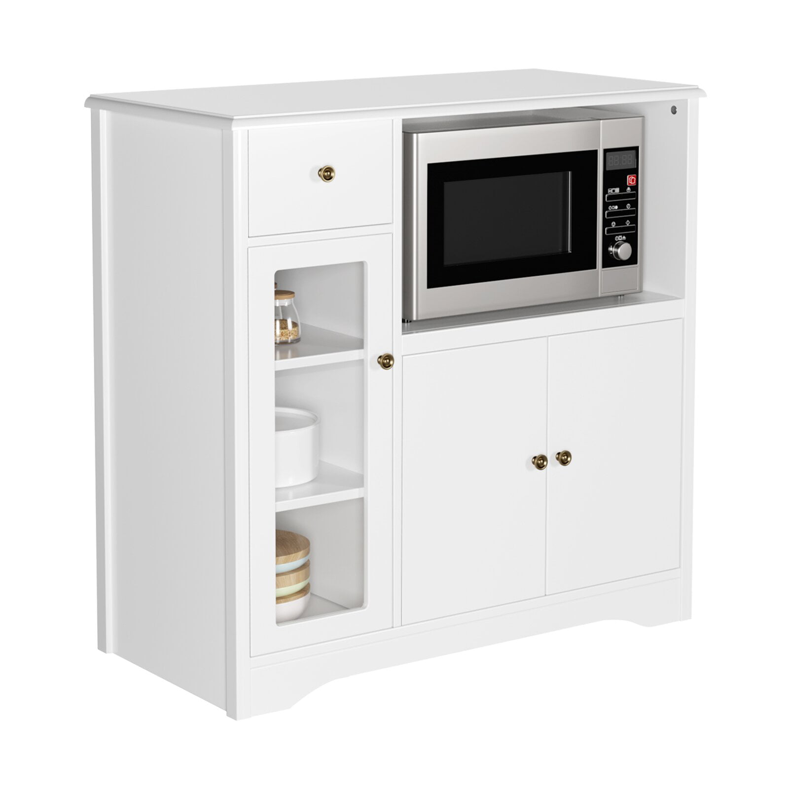 Homfa Microwave Cabinet With Hutch Kitchen Pantry Sideboard Adjule Shelves And Drawer For Dining Room White Bigbigmart Com
