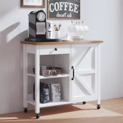 Catrimown Farmhouse Kitchen Island Cart with Storage, Rolling Kitchen Cart on Wheels, Microwave Stand, Coffee Cart, White