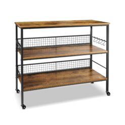 Cheflaud Rolling Kitchen Storage Cart Island with large open shelves and Large Worktop, 3-Tier Kitchen Baker’s Rack with 10 Hooks, Stable Steel Structure and Easy Assembly, Rustic Brown