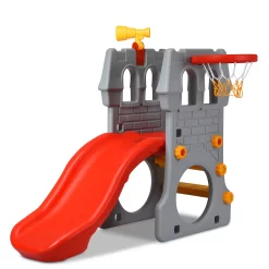 Costway Children Castle Slide Play Slide with Basketball Hoop and Telescope Toy