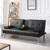 Easyfashion LuxuryGoods Modern Faux Leather Futon with Cupholders and Pillows, Black