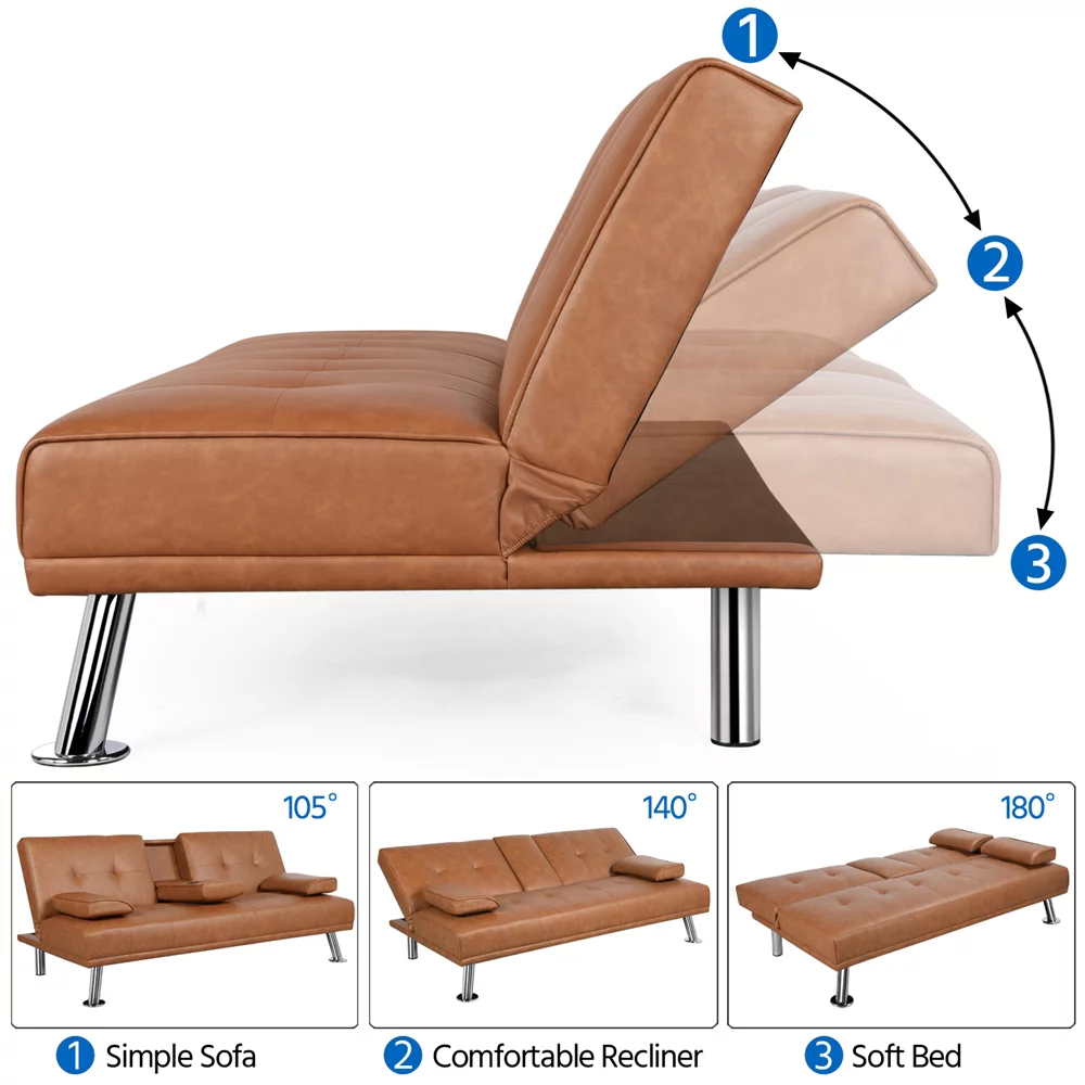 Easyfashion Convertible Faux Leather Futon Sofa Bed, Brown 