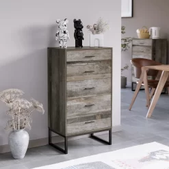 Homfa Tall Nightstand, 5 Drawer Dresser with Wide Storage Space, Narrow Bedside Table for Living Room, Dark Oak