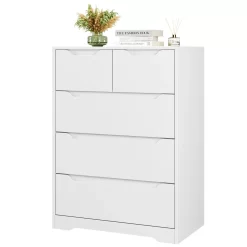 Homfa White Dresser for Bedroom, Wood Storage Chest of 5 Drawers with Cutout Handles for Living Room