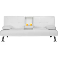 Easyfashion LuxuryGoods Modern Faux Leather Futon with Cupholders and Pillows, White