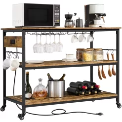 Yaheetech Rolling Kitchen Island with 3 Shelves, Glass Holder and Power Outlets, Rustic Brown