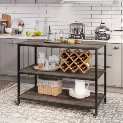 Yaheetech Rolling Kitchen Island with 3 Shelves and Worktop, Taupe Wood