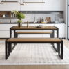 Amolife 3-Piece Modern Industrial Dining Table Set with Benches, Black Frame+walnut