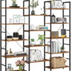 Homfa Triple Wide 5-Tier Display Bookcase, Large Industrial Wood Storage Shelf with Metal Frame for Living Room, Brown Finish