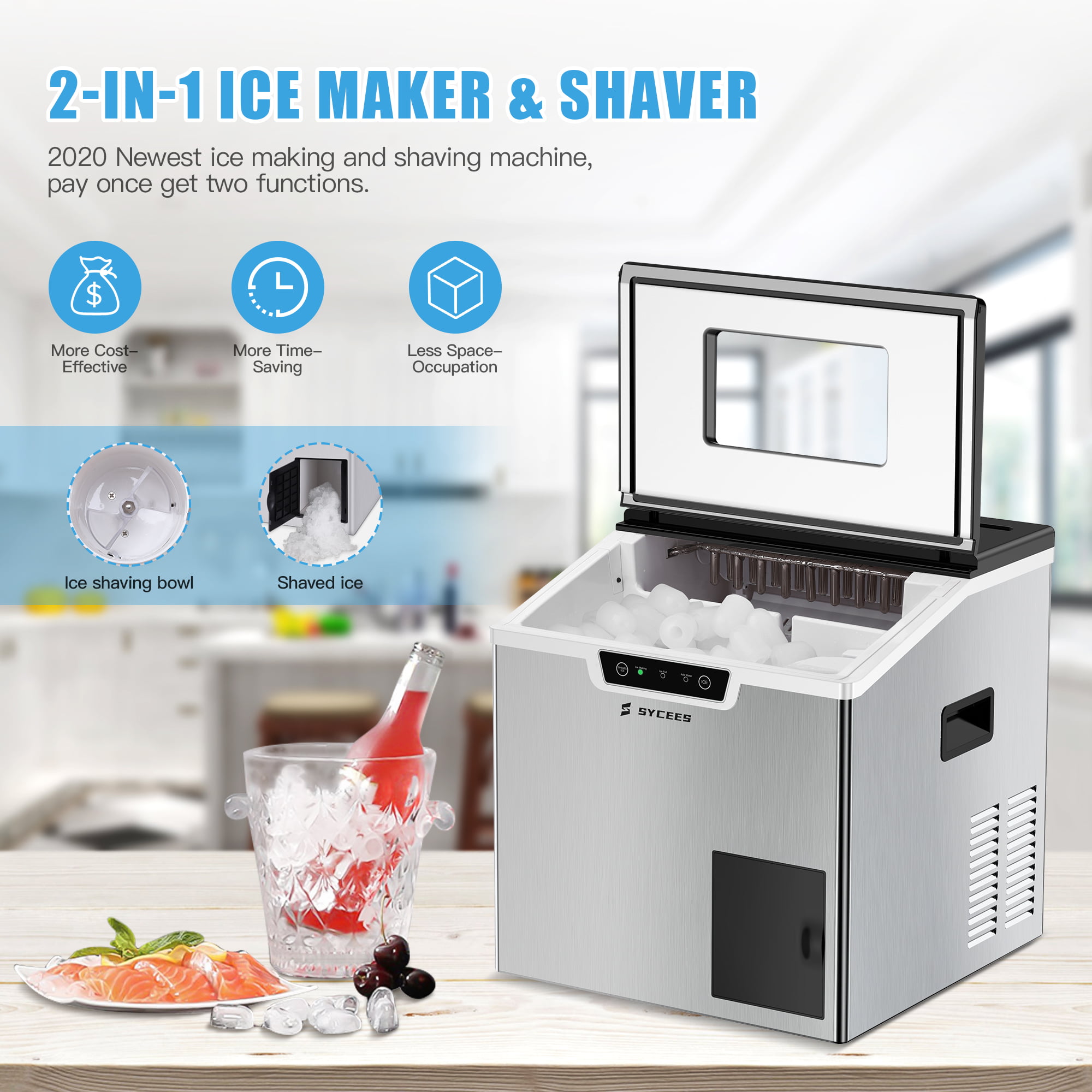 Sycees 44Lbs/24H Ice Maker Shaver, 2-in-1 Ice Machine, Portable Countertop Bullet Ice Cube Maker & Shaver with Digital indicators, Intuitive Controls