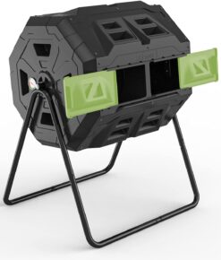 EJWOX 2021 Upgraded Tumbling Composter with Compost Thermometer - Dual Chamber Garden Compost Bin(43 Gal, Green)