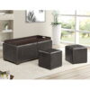 Leather Storage Bench with 2 Side Ottomans, Black