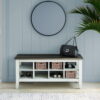 Twin Star Home Modern Farmhouse Two-Tone Storage Bench with Planked Top and Removable Dividers in Old Wood White