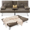 Best Choice Products Modern Faux Leather Convertible Futon Sofa w/ Removable Armrests, Metal Legs, 2 Cupholders - Gray