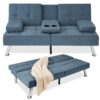 Best Choice Products Modern Linen Convertible Futon Sofa Bed w/ Removable Armrests, Metal Legs, Cupholders - Blue
