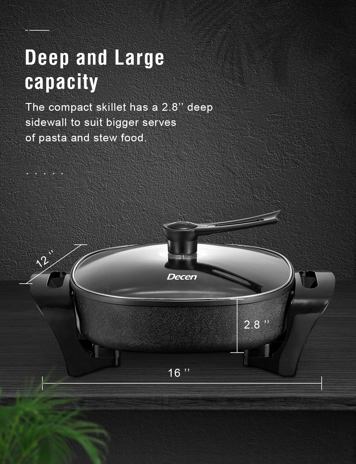 FOHERE Electric Skillet,12 Inch Deep Non Stick,Standable Glass Lid