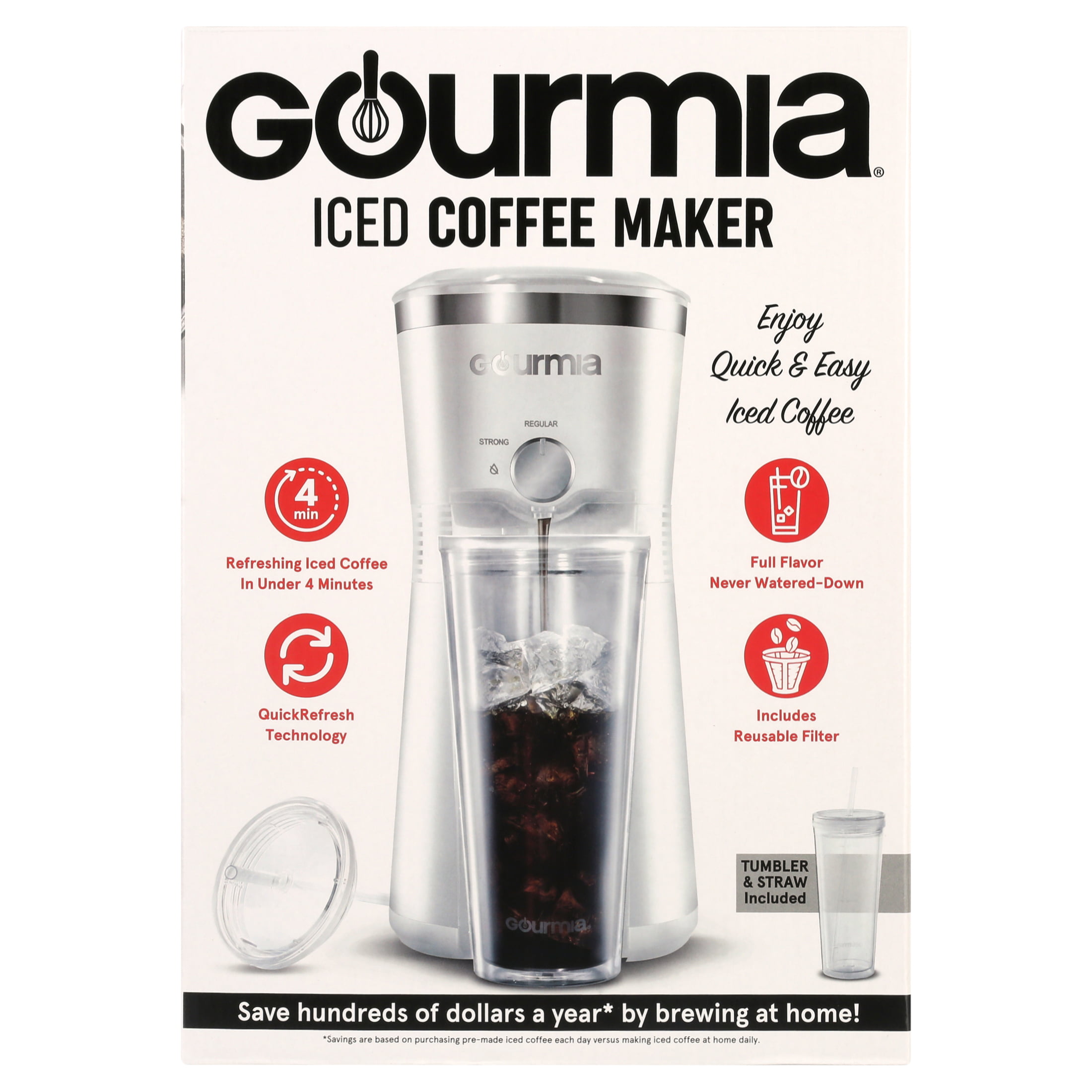 Gourmia Iced Coffee Maker with 25 fl oz. Reusable Tumbler, White