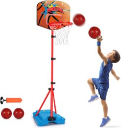 AugToy Toddler Basketball Hoop Stand Adjustable Height 2.5 ft -6.2 ft Mini Indoor Basketball Goal Toy with Ball Pump for Kids Boys Girls 2 3 4 5 Years Old Outdoor Outside Toys 1-3 Yard Backyard Games