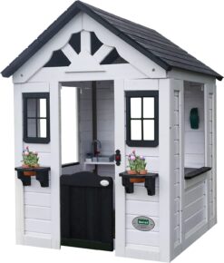 Backyard Discovery Sweetwater All Cedar White Modern Outdoor Wooden Playhouse, Cottage, Sink, Stove, Windows, Kitchen with Pot and Pans and Utensils, Flowerpot Holders, Working Doorbell, Ages 2-6