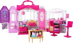 Barbie Glam Getaway Portable Dollhouse, 1 Story with Furniture, Accessories and Carrying Handle, for 3 to 7 Year Olds