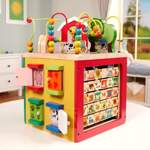 Battat Wooden Activity Cube Discover Farm Animals Activity Center for Kids 1 year