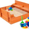 Best Choice Products 47x47in Kids Large Wooden Sandbox for Backyard, Outdoor Play w/Cedar Wood, 2 Foldable Bench Seats, Sand Protection, Bottom Liner - Brown
