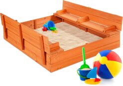 Best Choice Products 47x47in Kids Large Wooden Sandbox for Backyard, Outdoor Play w/Cedar Wood, 2 Foldable Bench Seats, Sand Protection, Bottom Liner - Brown