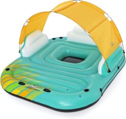 Bestway Hydro Force Sunny 5 Person Inflatable Large Floating Island Lake Water Lounge Raft with Cup Holders and Removable Sunshade, Green