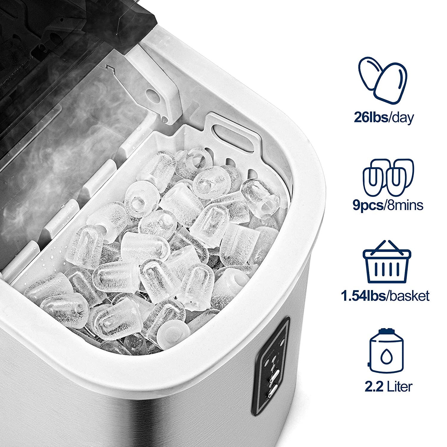 EUHOMY Ice Maker Machine Countertop, 26 lbs in 24 Hours, 9 Cubes Ready in 8  Mins (Sliver)
