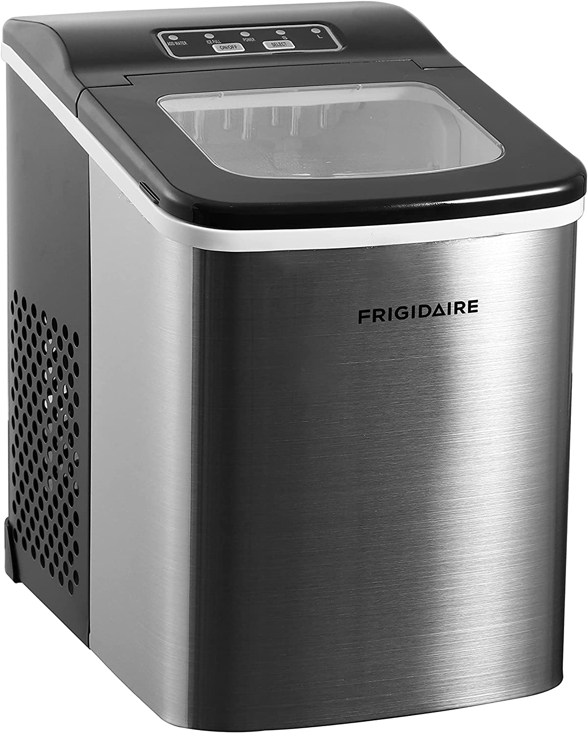 Frigidaire Compact Countertop Ice Maker, Makes 26 Lbs. Of Bullet Shaped Ice Cubes Per Day, Silver Stainless Frigidaire Compact Countertop Ice Maker, Makes 26 Lbs. Of Bullet Shaped Ice Cubes Per Day, Silver Stainless