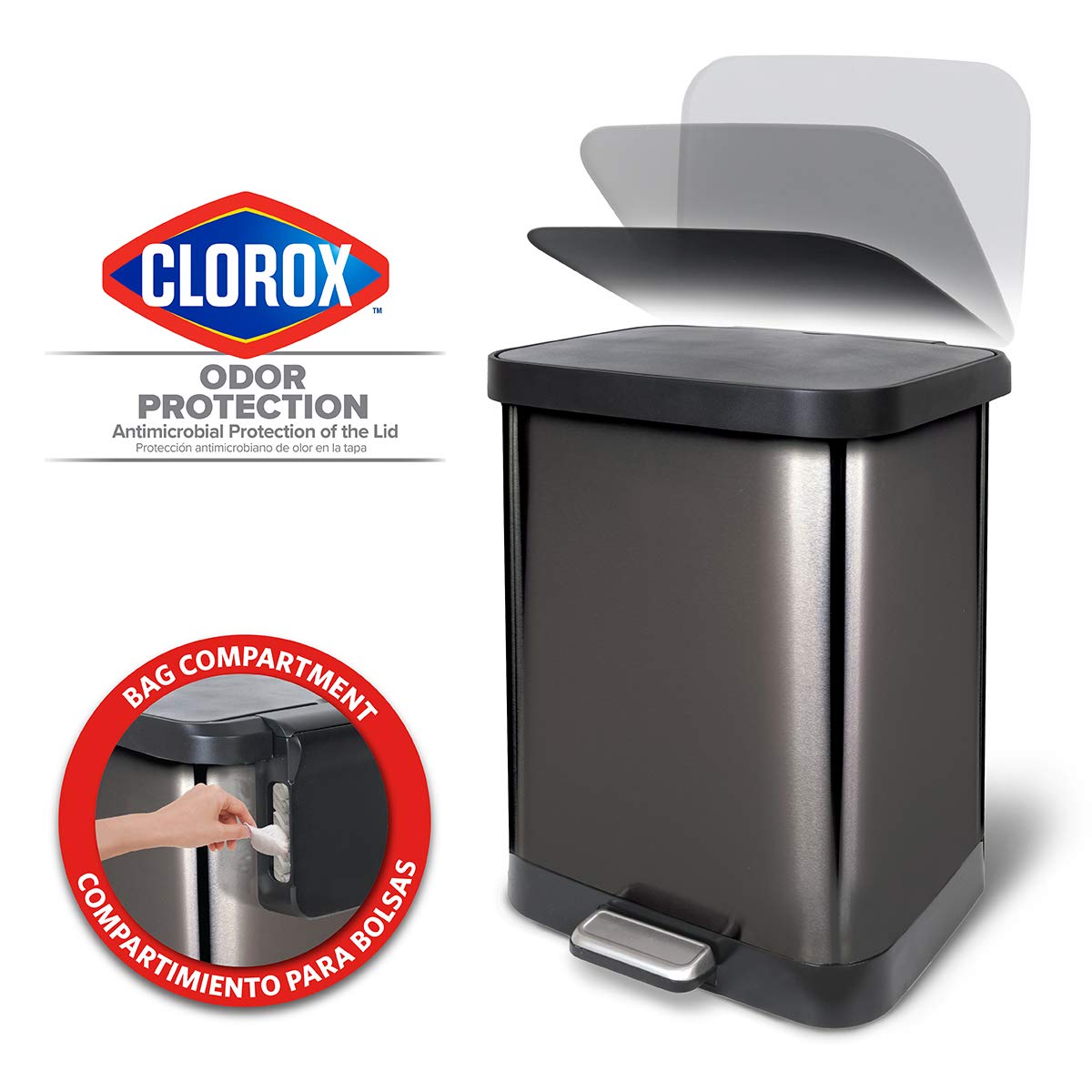 Glad Stainless Steel Step Trash Can with Clorox Odor Protection | Large  Metal Kitchen Garbage Bin with Soft Close Lid, Foot Pedal and Waste Bag  Roll