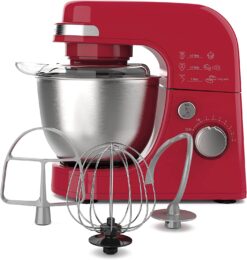 Hamilton Beach Electric Stand Mixer, 4 Quarts, Dough Hook, Flat Beater Attachments, Splash Guard 7 Speeds with Whisk, Red