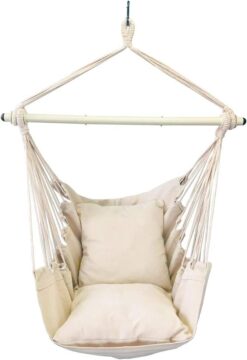 Highwild Hammock Chair Hanging Rope Swing - Max 500 Lbs - 2 Cushions Included - Steel Spreader Bar with Anti-Slip Rings - for Any Indoor or Outdoor Spaces (Beige)