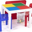 Humble Crew, White/Blue/Red Kids 2-in-1 Plastic Building Blocks-Compatible Activity Table and 2 Chairs Set, Square, Toddler