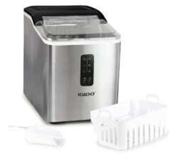 Igloo Automatic Ice Maker, Self- Cleaning, Countertop Size, 26 Pounds in 24 Hours, Ice Cubes in 7 Minutes, LED Control Panel, Scoop Included, Perfect for Water Bottles, Mixed Drinks, Stainless Steel